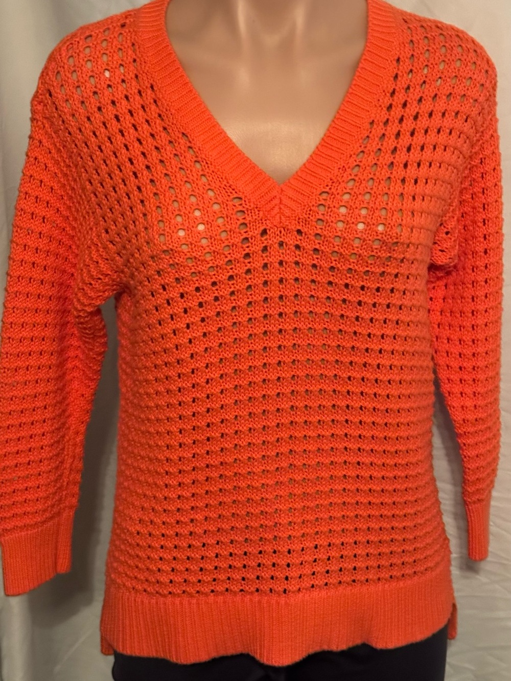 M. Kors Bright Coral Orange V-Neck Open-Knit 3/4 Sleeve Women's Sweater